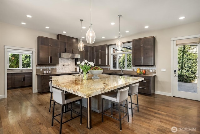 212 5th Ave W, Kirkland, WA 98033 - kitchen featuring under cabinet range hood, a center island with sink, healthy amount of natural light, and recessed lighting