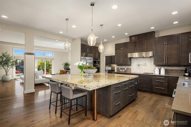 212 5th Ave W, Kirkland, WA 98033 - kitchen featuring under cabinet range hood, backsplash, dark brown cabinets, a large island with sink, and recessed lighting