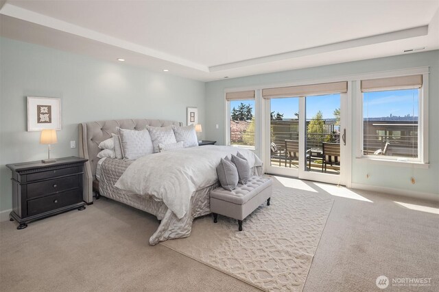 212 5th Ave W, Kirkland, WA 98033 - carpeted bedroom featuring access to exterior, recessed lighting, baseboards, and a raised ceiling