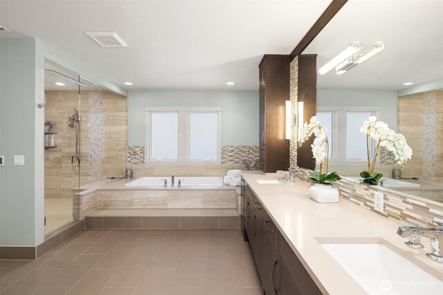 212 5th Ave W, Kirkland, WA 98033 - bathroom featuring a bath, a stall shower, tile patterned floors, double vanity, and recessed lighting