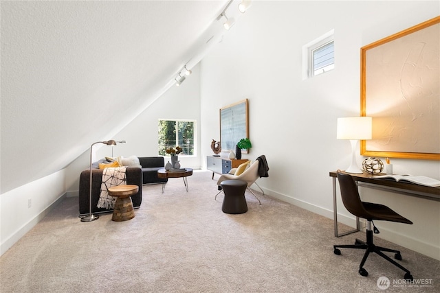 6816 NE 153rd Pl Unit D, Kenmore, WA 98028 - sitting room featuring rail lighting, carpet, plenty of natural light, vaulted ceiling, and an office area