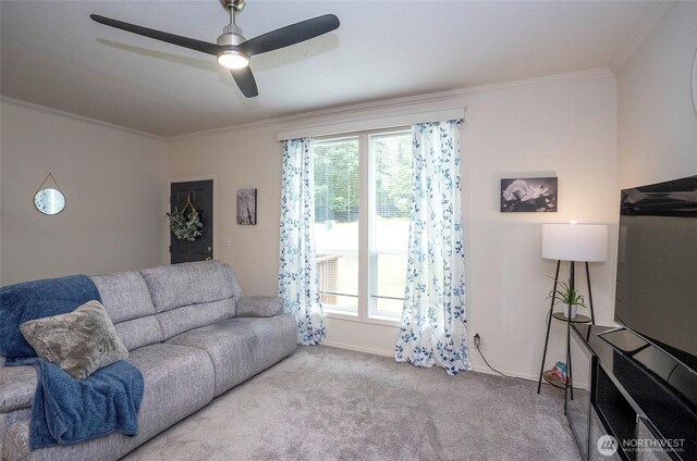 170 E Soundview Dr E, Shelton, WA 98584 - carpeted living room with crown molding and ceiling fan