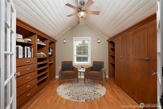1016 N Madison St, Tacoma, WA 98406 - living area featuring light wood-type flooring, lofted ceiling, wooden ceiling, and a ceiling fan