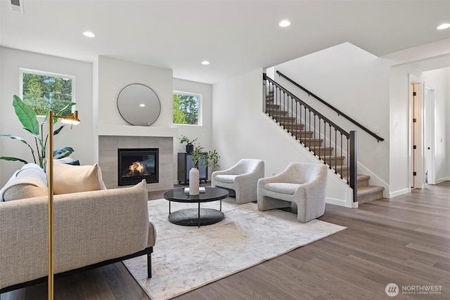 7150 90th Street Ct E, Puyallup, WA 98371 - living room with plenty of natural light, stairs, wood finished floors, and recessed lighting