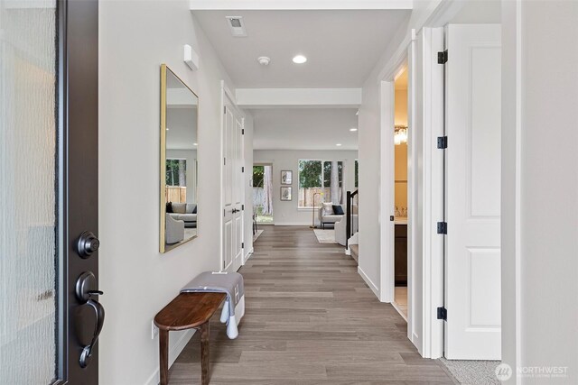 7150 90th Street Ct E, Puyallup, WA 98371 - hallway with wood finished floors, baseboards, and recessed lighting