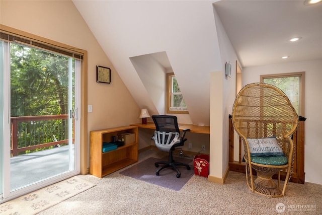 1026 Chinook Way, Center Island, WA 98221 - office area with carpet flooring, recessed lighting, and lofted ceiling