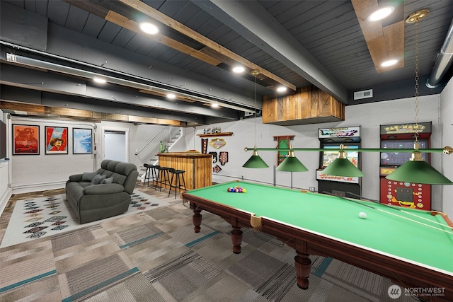 2422 179th Ave E, Lake Tapps, WA 98391 - rec room featuring pool table, bar, and beam ceiling