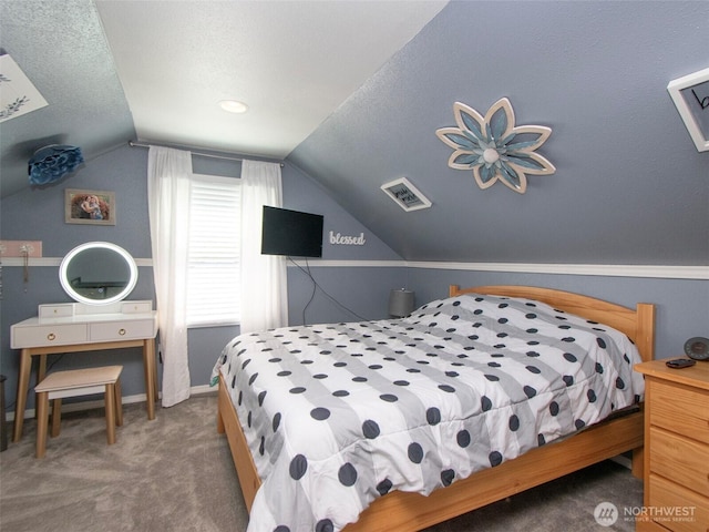 1011 E 5th St, Port Angeles, WA 98362 - bedroom featuring lofted ceiling, carpet flooring, baseboards, and a textured ceiling