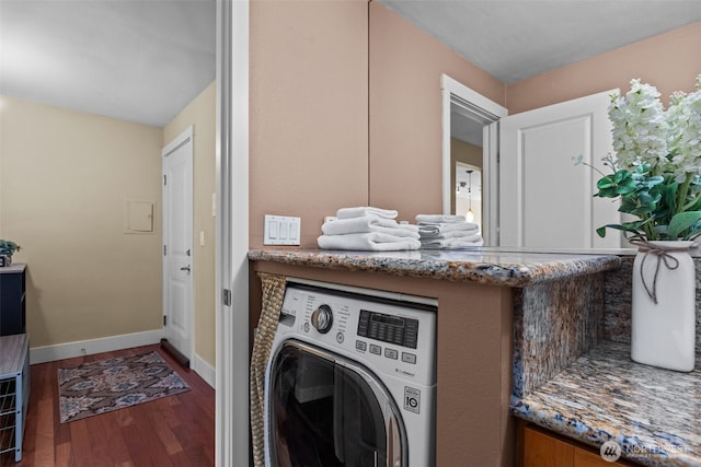 8503 Bowdoin Way Unit 203, Edmonds, WA 98026 - laundry room featuring washer / clothes dryer, wood finished floors, and baseboards