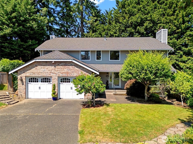 5610 S 296th Ct, Auburn, WA 98001 - view of front facade with driveway, a chimney, a garage, a front lawn, and brick siding