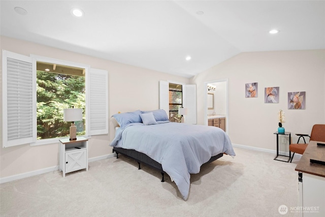 5610 S 296th Ct, Auburn, WA 98001 - bedroom with light colored carpet, lofted ceiling, recessed lighting, and ensuite bath