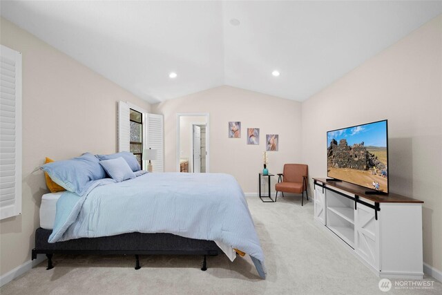 5610 S 296th Ct, Auburn, WA 98001 - bedroom featuring light carpet, lofted ceiling, and recessed lighting