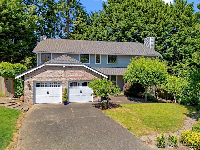 5610 S 296th Ct, Auburn, WA 98001 - view of front facade featuring a chimney, a garage, asphalt driveway, and a front lawn