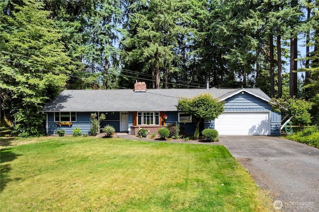 8415 57th Ave E, Puyallup, WA 98371 - ranch-style home featuring driveway, an attached garage, a front lawn, a chimney, and roof with shingles