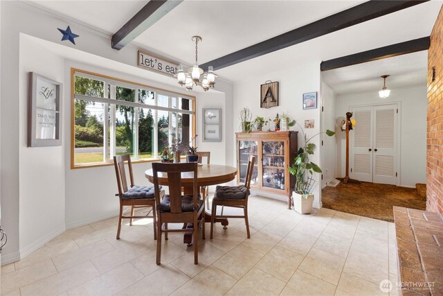 8415 57th Ave E, Puyallup, WA 98371 - dining area featuring beamed ceiling, a chandelier, and light tile patterned floors