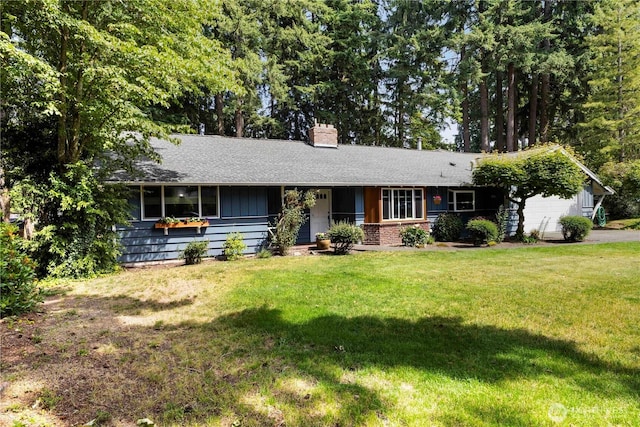 8415 57th Ave E, Puyallup, WA 98371 - ranch-style house featuring a garage, a chimney, a front lawn, a shingled roof, and driveway