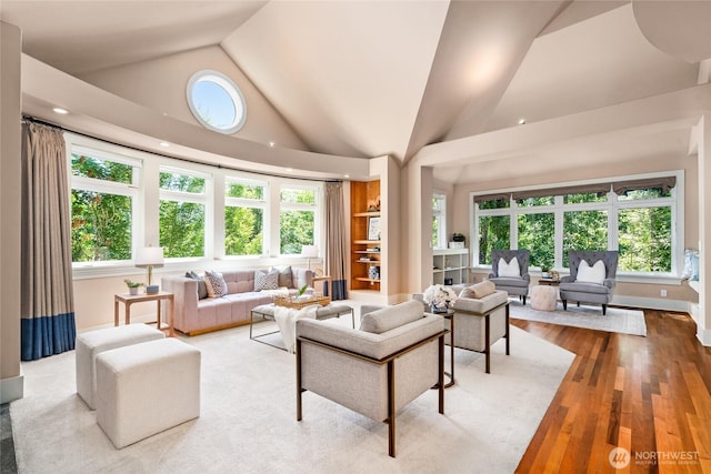 13730 Main St, Bellevue, WA 98005 - living room featuring high vaulted ceiling, wood finished floors, and recessed lighting