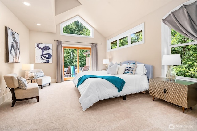 13730 Main St, Bellevue, WA 98005 - carpeted bedroom featuring access to outside and high vaulted ceiling