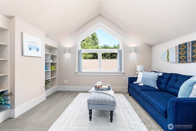 13730 Main St, Bellevue, WA 98005 - carpeted living room with lofted ceiling and built in shelves
