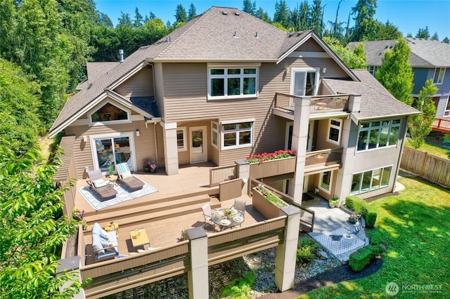 13730 Main St, Bellevue, WA 98005 - back of property with a balcony, an outdoor living space, roof with shingles, and a wooden deck