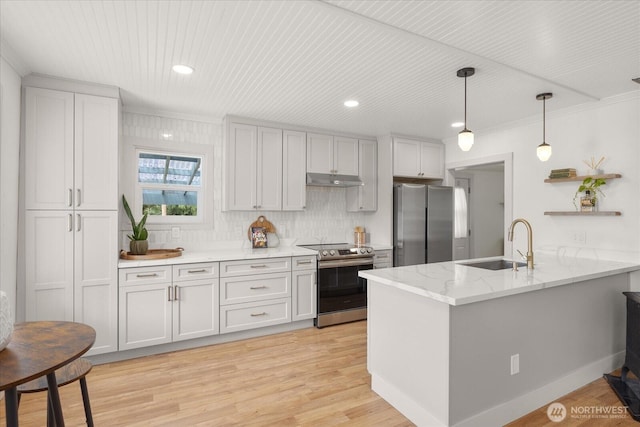 1115Avenue A, Snohomish, WA 98290 - kitchen featuring stainless steel appliances, a peninsula, under cabinet range hood, light stone countertops, and hanging light fixtures