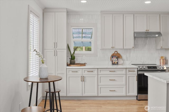 1115Avenue A, Snohomish, WA 98290 - kitchen featuring stainless steel electric range, under cabinet range hood, plenty of natural light, light wood finished floors, and ornamental molding