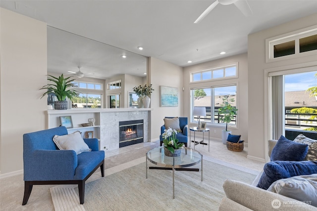 327 2nd Ave S, Kirkland, WA 98033 - carpeted living room with a ceiling fan, a premium fireplace, and recessed lighting