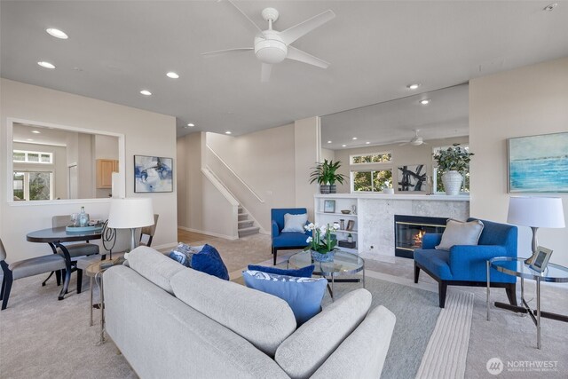 327 2nd Ave S, Kirkland, WA 98033 - living room featuring a ceiling fan, recessed lighting, stairway, carpet, and a fireplace