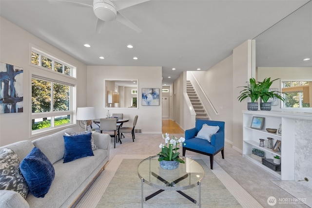327 2nd Ave S, Kirkland, WA 98033 - living room with carpet, stairway, ceiling fan, and recessed lighting