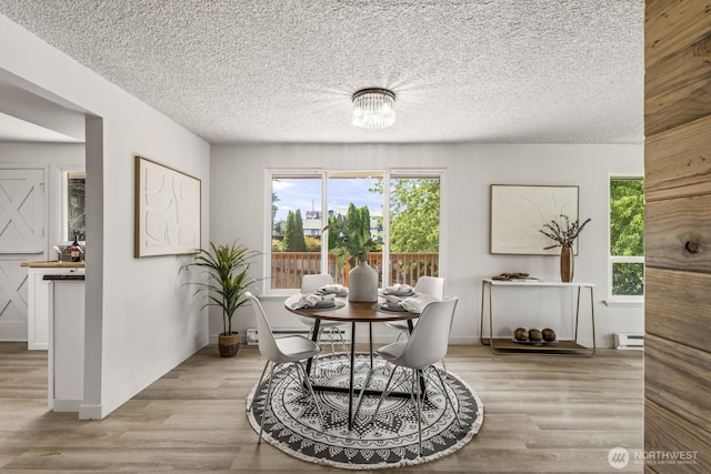 15330 40th Ave W Unit A & B, Lynnwood, WA 98087 - dining room with a baseboard heating unit, light wood finished floors, a textured ceiling, a chandelier, and baseboards