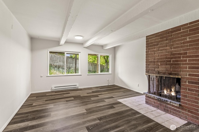 15330 40th Ave W Unit A & B, Lynnwood, WA 98087 - unfurnished living room featuring a baseboard radiator, beamed ceiling, a brick fireplace, wood finished floors, and baseboards