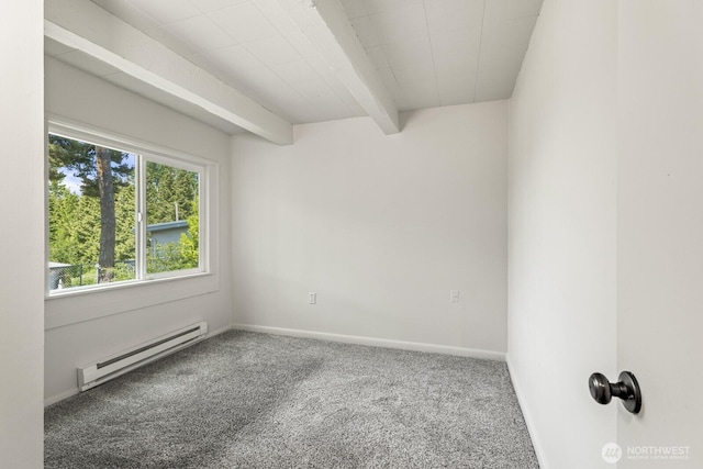 15330 40th Ave W Unit A & B, Lynnwood, WA 98087 - unfurnished room featuring a baseboard radiator, carpet flooring, beamed ceiling, and baseboards