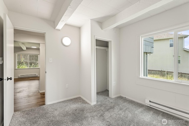 15330 40th Ave W Unit A & B, Lynnwood, WA 98087 - unfurnished bedroom featuring a baseboard radiator, carpet, beamed ceiling, and baseboards