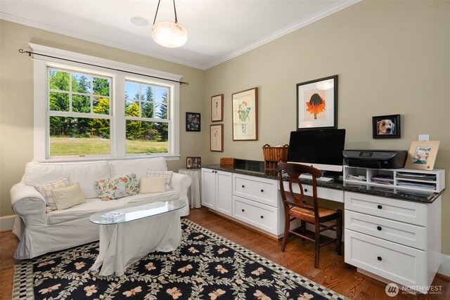 19840 Vashon Hwy SW, Vashon, WA 98070 - home office featuring dark wood finished floors, ornamental molding, and built in study area