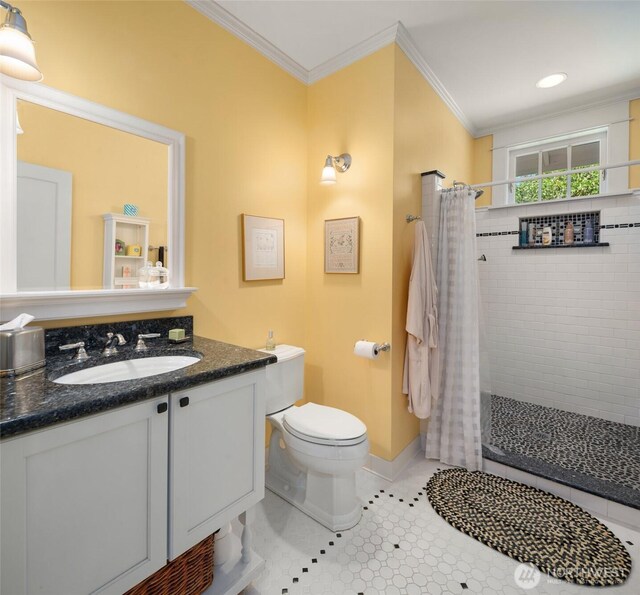 19840 Vashon Hwy SW, Vashon, WA 98070 - bathroom with tiled shower, vanity, and ornamental molding