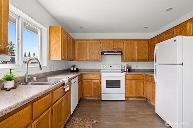 312 W 2nd St # 3, Nooksack, WA 98276 - kitchen featuring white appliances, under cabinet range hood, plenty of natural light, dark wood finished floors, and recessed lighting