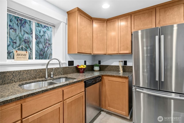 1506 12th Ave S Unit B, Seattle, WA 98144 - kitchen featuring stainless steel appliances, dark stone counters, recessed lighting, and brown cabinetry