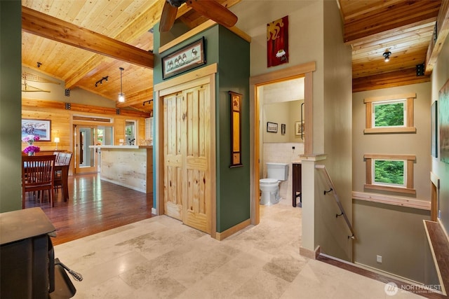 20720 501st Dr SE, Index, WA 98251 - hallway featuring wooden ceiling and an upstairs landing