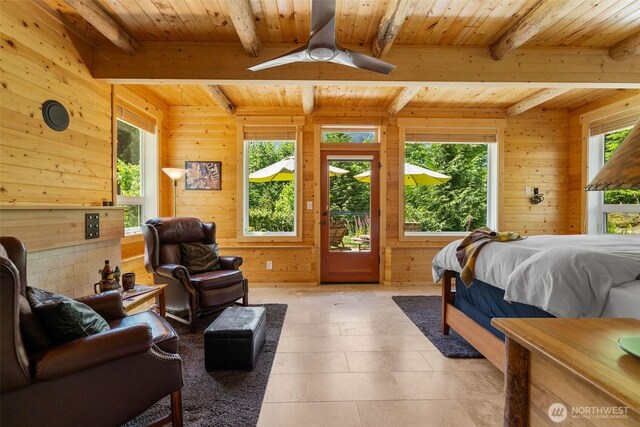 20720 501st Dr SE, Index, WA 98251 - bedroom featuring a wooden ceiling with exposed beams, access to exterior, and wooden walls