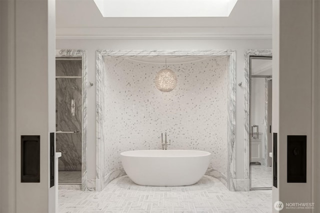 1615 Roanoke Way, Mercer Island, WA 98040 - full bath with a skylight, a freestanding bath, a marble finish shower, and crown molding