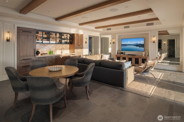 1615 Roanoke Way, Mercer Island, WA 98040 - dining space featuring bar with sink and beamed ceiling