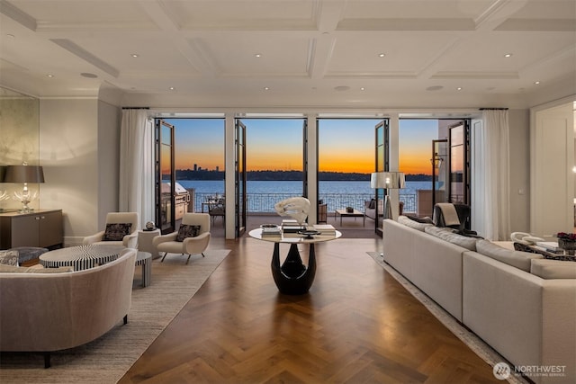 1615 Roanoke Way, Mercer Island, WA 98040 - living room featuring coffered ceiling, a water view, beamed ceiling, recessed lighting, and healthy amount of natural light
