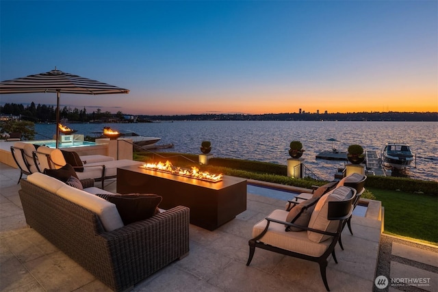 1615 Roanoke Way, Mercer Island, WA 98040 - view of patio / terrace featuring a water view, area for grilling, and an outdoor living space with a fire pit