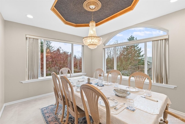 10316 NE 153rd Pl, Bothell, WA 98011 - dining space featuring a chandelier, baseboards, a tray ceiling, carpet floors, and recessed lighting