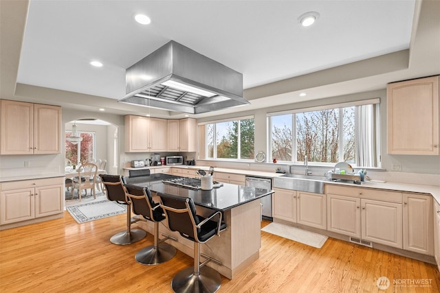 10316 NE 153rd Pl, Bothell, WA 98011 - kitchen featuring stainless steel appliances, a kitchen bar, arched walkways, custom range hood, and light wood-type flooring