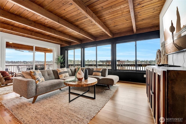 108 E Lake Stevens Rd, Lake Stevens, WA 98258 - living area with light wood finished floors, a wood ceiling with exposed beams, and a water view