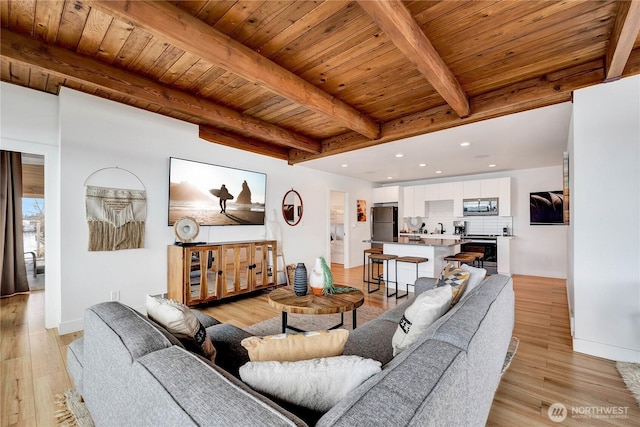 108 E Lake Stevens Rd, Lake Stevens, WA 98258 - living room featuring recessed lighting, a wood ceiling with exposed beams, and light wood-style flooring