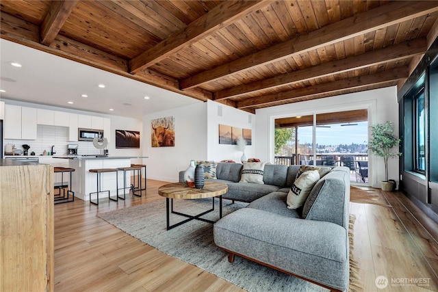 108 E Lake Stevens Rd, Lake Stevens, WA 98258 - living room with light wood-style floors, a wooden ceiling with exposed beams, and recessed lighting