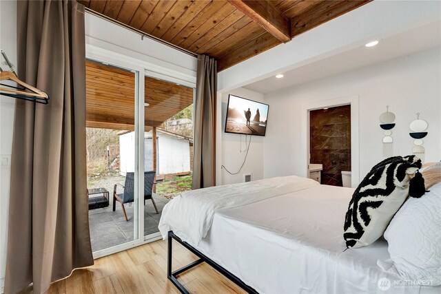 108 E Lake Stevens Rd, Lake Stevens, WA 98258 - bedroom with access to exterior, light wood-style floors, a wood ceiling with exposed beams, and recessed lighting