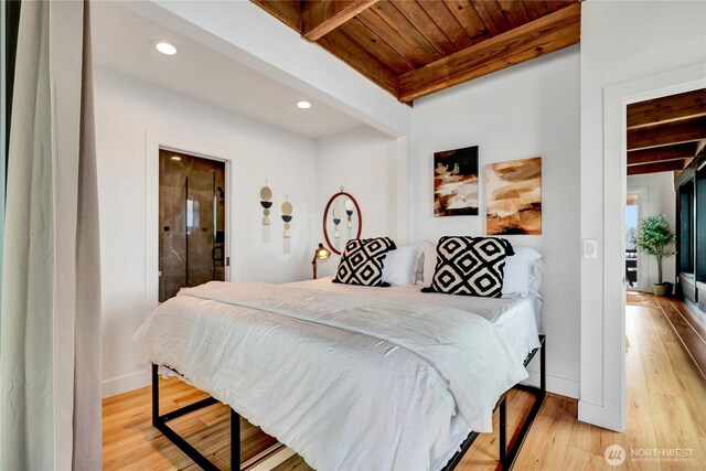 108 E Lake Stevens Rd, Lake Stevens, WA 98258 - bedroom with light wood finished floors, a wood ceiling with exposed beams, and recessed lighting